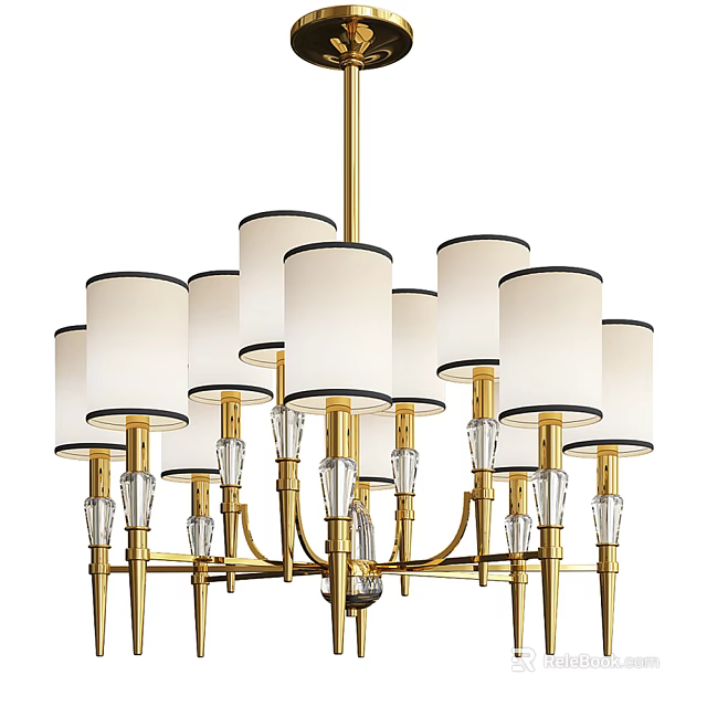 Elegant Modern Chandelier With Golden Frame White Lampshades And Crystal Accents 3d model 
