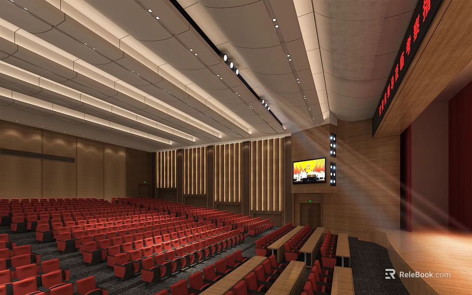 Spacious Conference Room With Red Seats Rows Stage Large Screen And Wooden Decor 3d model 