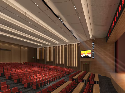 Spacious Conference Room With Red Seats Rows Stage Large Screen And Wooden Decor 3d model