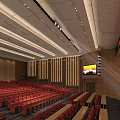 Spacious Conference Room With Red Seats Rows Stage Large Screen And Wooden Decor