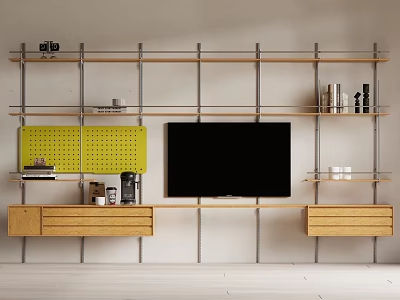 Modern Wooden Metal Shelf Unit With TV Pegboard Coffee Maker Books Decorations 3d model