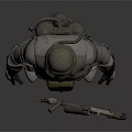 Detailed Game Movie Character Full Body In Armored Suit With Gas Mask And Weapon