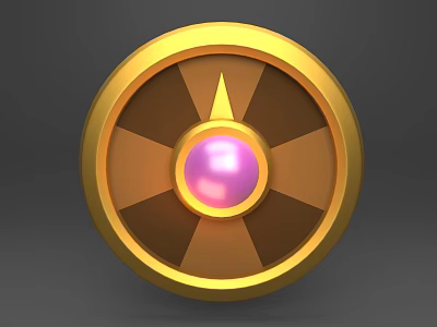 Golden Circular Decorative Ornament With Purple Central Sphere And Spoked Design 3d model
