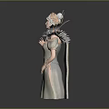 Elegant Woman In Light Colored Dress With Wing Like Decorations And White Hair