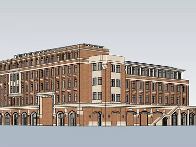 Classical Red Brick Commercial Complex Featuring Multi Storey Design And Arched Porticoes 3d model
