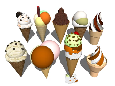 Various Ice Cream Cones With Different Flavors And Toppings Like Chocolate And Nuts 3d model