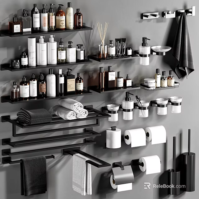 Modern Bathroom Organized Shelves With Toiletries Towels And Toilet Paper Rolls 3d model 