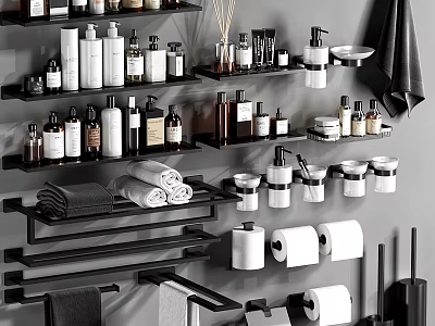 Modern Bathroom Organized Shelves With Toiletries Towels And Toilet Paper Rolls 3d model