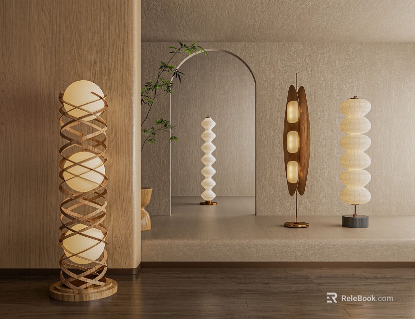 Modern Floor Lamps With Wooden Frame White Shade And Warm Light Interior Design 3d model 