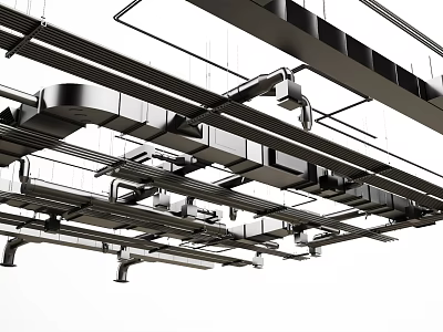 Industrial Metal Pipes And Ducts Ceiling Layout With Support Frames 3d model