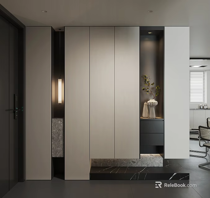 Modern Elegant Shoe Cabinet In Entryway With Sleek Design And Wooden Finish And LED Lighting 3d model 