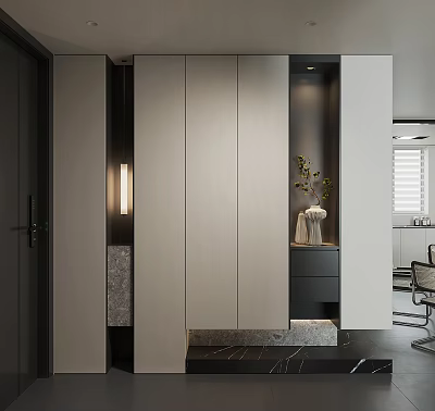 Modern Elegant Shoe Cabinet In Entryway With Sleek Design And Wooden Finish And LED Lighting 3d model