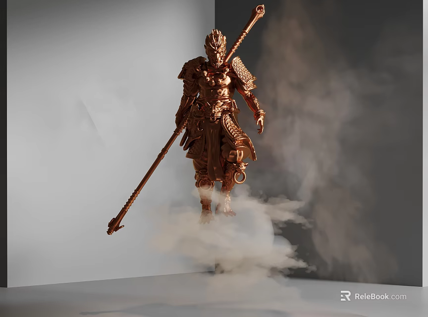 Bronze Monkey King Statue Holding Golden Cudgel Standing on Clouds 3d model 