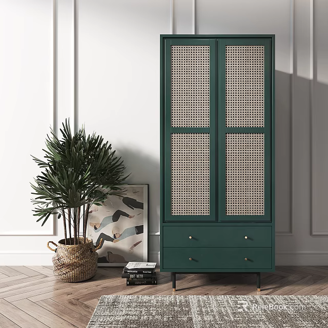 Green Wardrobe With Rattan Panel Doors And Drawers In Modern Interior Design 3d model 
