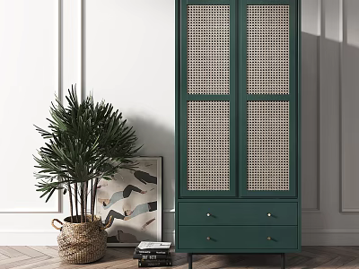 Green Wardrobe With Rattan Panel Doors And Drawers In Modern Interior Design 3d model