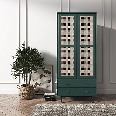 Green Wardrobe With Rattan Panel Doors And Drawers In Modern Interior Design 3d model