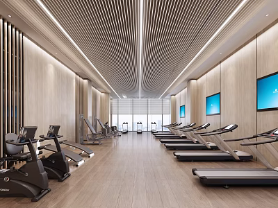 Modern Fitness Gym Interior With Treadmills Exercise Bikes Wooden Walls Striped Ceiling And TV Screens 3d model