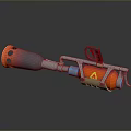 3D Rendered Sci Fi Weapon With Orange Gray Body Red Grip And Blue Glowing Nozzle