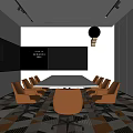 Modern Conference Room With White Table Orange Chairs Black Screen And Geometric Carpet