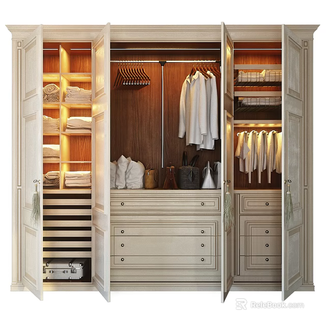 Open Wooden Wardrobe With Hanging White Clothes Folded Linen Drawers And Warm Lighting 3d model 