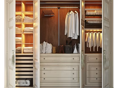 Open Wooden Wardrobe With Hanging White Clothes Folded Linen Drawers And Warm Lighting 3d model