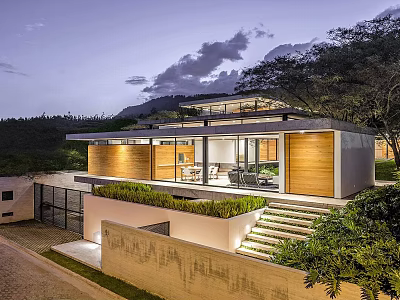 Modern Detached Villa with Wooden Exterior Large Glass Windows Greenery Stairs and Evening Light Courtyard 3d model