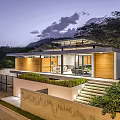 Modern Detached Villa with Wooden Exterior Large Glass Windows Greenery Stairs and Evening Light Courtyard