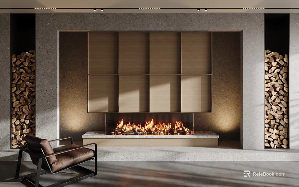 Modern Wooden Paneled Fireplace With Burning Flames And Stacked Firewood Near Leather Chair 3d model 