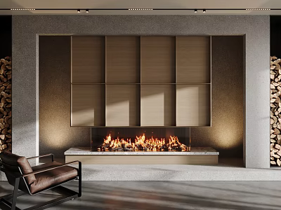 Modern Wooden Paneled Fireplace With Burning Flames And Stacked Firewood Near Leather Chair 3d model
