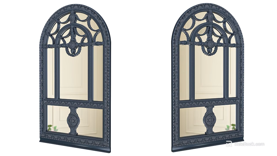 Arched Decorative Windows With Dark Frames And White Panels And Green Plants 3d model 