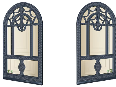 Arched Decorative Windows With Dark Frames And White Panels And Green Plants 3d model