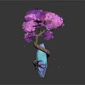 Cartoon Scene Featuring Purple Pink Tree With Blue Crystal Wrapped Trunk And Glowing Blue Dots