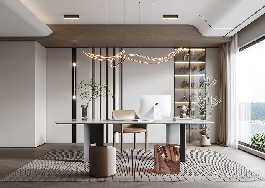 Modern Study Room Interior With Wooden Desk Leather Chair Computer Monitor Decorative Lights And Shelves 3d model 