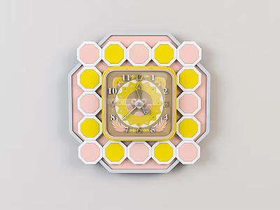 Decorative Hexagonal Wall Clock With Pink Yellow Accents And Floral Design 3d model