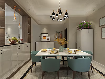 Modern Dining Room Featuring Stylish Chandelier White Table And Blue Chairs 3d model