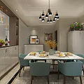 Modern Dining Room Featuring Stylish Chandelier White Table And Blue Chairs