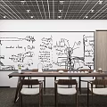 Modern Tea Room Interior With Long Table Chairs Graffiti Whiteboard And Cityscape Paintings