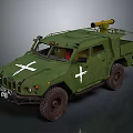 Green Off Road Military Vehicle With White Crosses And Roof Medical Equipment