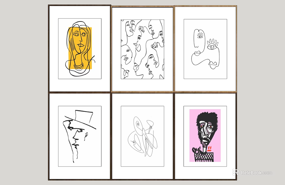 Abstract Paintings Minimalist Line Art Set of Six Framed Small Artworks 3d model 