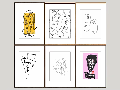 Abstract Paintings Minimalist Line Art Set of Six Framed Small Artworks 3d model