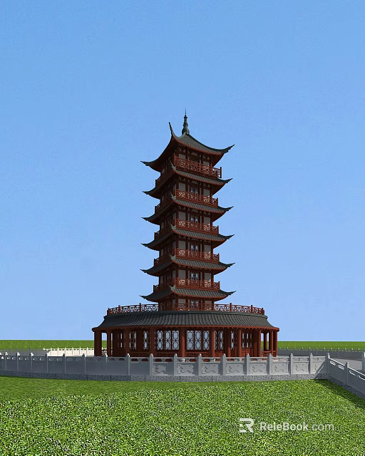 Traditional Chinese Multi story Pagoda With Curved Eaves And Wooden Structure Against Blue Sky 3d model 