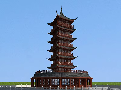 Traditional Chinese Multi story Pagoda With Curved Eaves And Wooden Structure Against Blue Sky 3d model