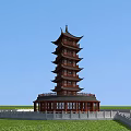 Traditional Chinese Multi story Pagoda With Curved Eaves And Wooden Structure Against Blue Sky
