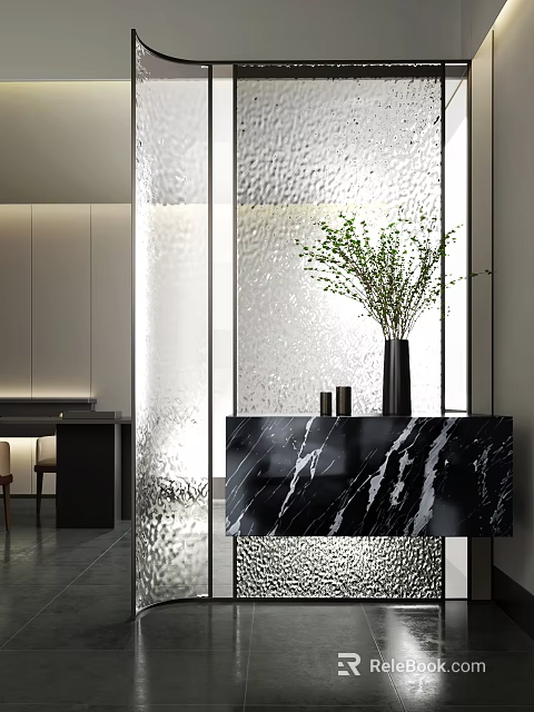 Modern Entryway Hallway Design With Black Marble Countertop Cabinet Vase And Green Plants 3d model 