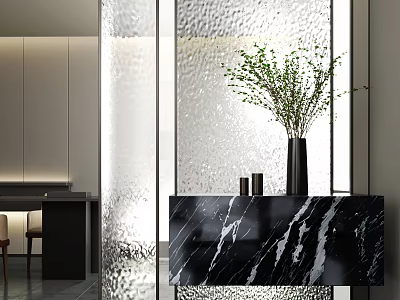 Modern Entryway Hallway Design With Black Marble Countertop Cabinet Vase And Green Plants 3d model
