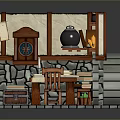 Medieval Kitchen Scene With Stone Walls Wooden Frames Table Chair Cauldron Shelf And Stone Tiles