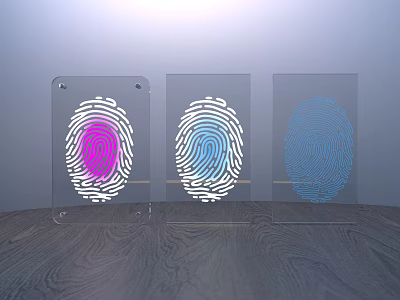 Decorative Ornament Set With Transparent Acrylic Pink White Blue Fingerprint Patterns On Wooden Tabletop 3d model