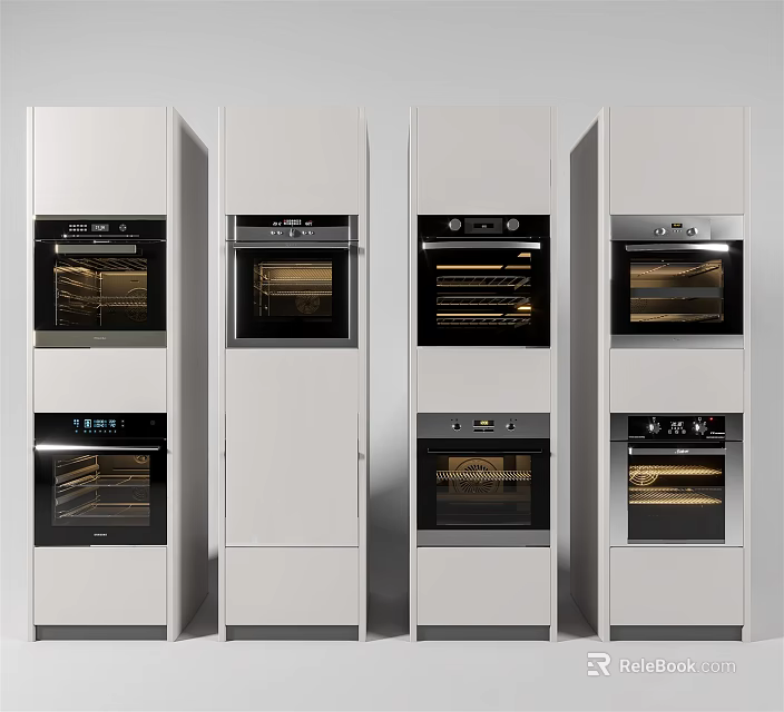 Modern White Vertical Kitchen Appliances Featuring Multiple Built in Ovens 3d model