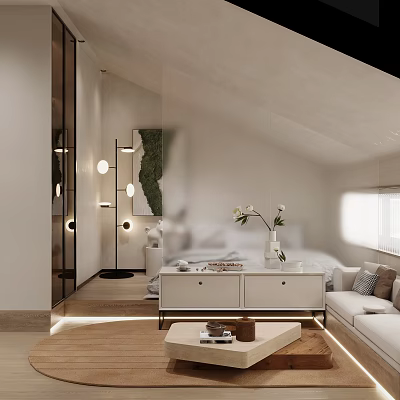 Modern Minimalist Bedroom With Sofa Bed Floor Lamp And Decor 3d model