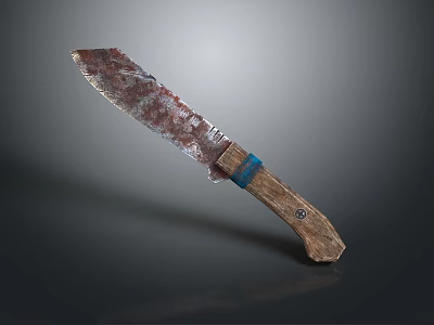 Rustic Combat Knife With Weathered Blade And Wooden Handle Blue Accent 3d model